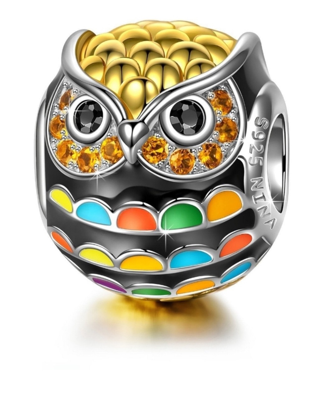 Pandora Sterling Silver Owl Charm with Multicolor Enamel and Yellow Crystals